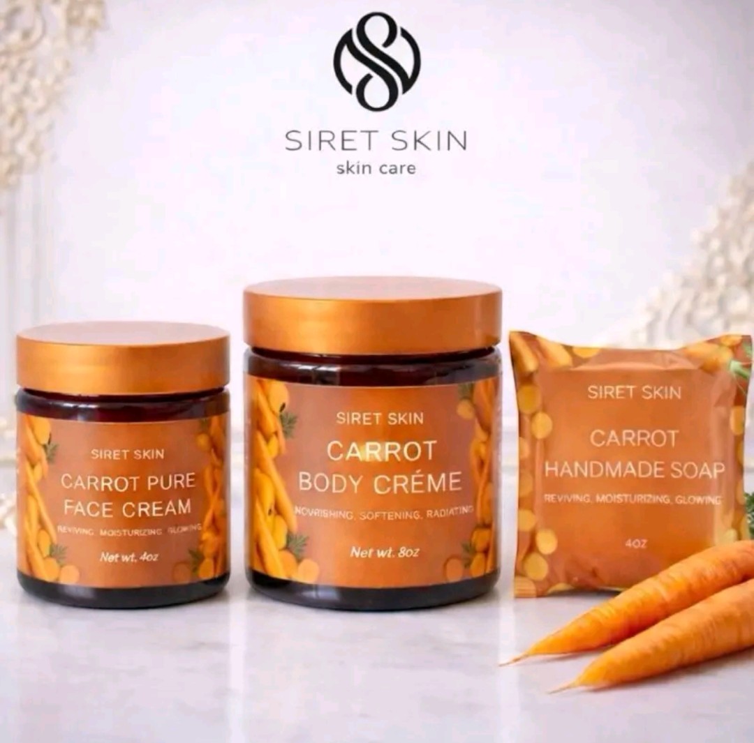 Siret Skin Cosmetics Set Carrot 3 pcs, Body Cream 8oz, Face Cream 4oz, Soap 4oz - Worldcashop Usa