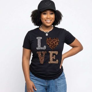 Women's Black Love T-Shirt for Every Occasion - WorldcaShop USA. works with jeans, leggings, shorts, sneakers, and jackets.